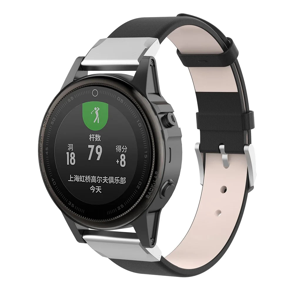 Genuine Leather Smart Watch Band Strap Replacement for Garmin Fenix 7S/5S - Black - 2