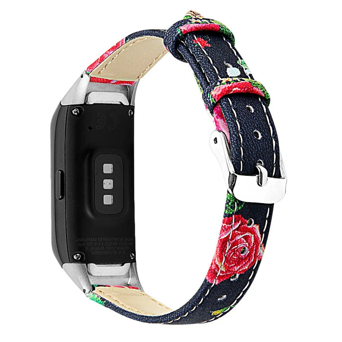 Top Layer Cowhide Leather Watchband Replacement for Samsung Galaxy Fit SM-R370 - Black/Red Flower - 1