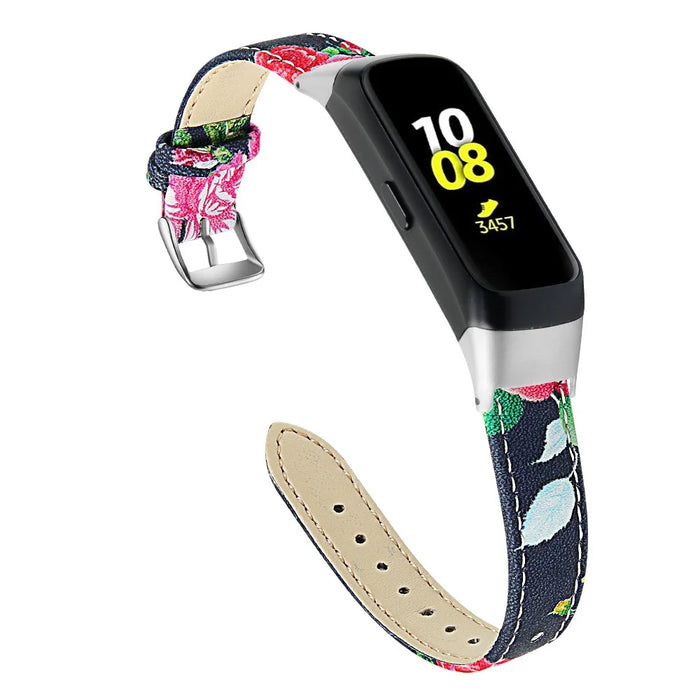 Top Layer Cowhide Leather Watchband Replacement for Samsung Galaxy Fit SM-R370 - Black/Red Flower - 4