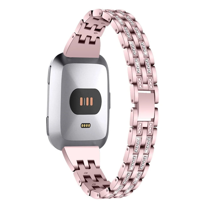 Five Beads Dual Rows Rhinestone Decor Stainless Steel Watch Band Replacement for Fitbit Versa - Pink - 1