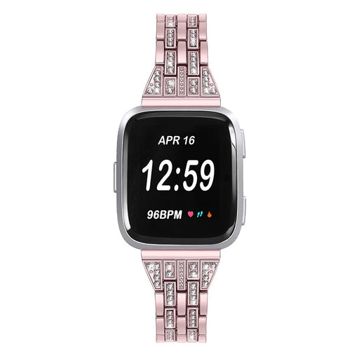 Five Beads Dual Rows Rhinestone Decor Stainless Steel Watch Band Replacement for Fitbit Versa - Pink - 2