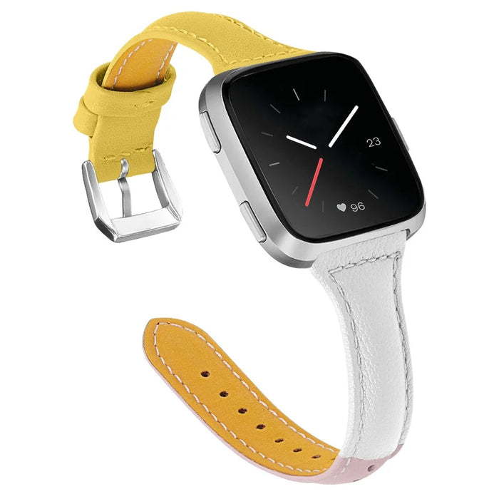 Genuine Leather Smart Watch Band for Fitbit Versa - Yellow/White/Pink - 2