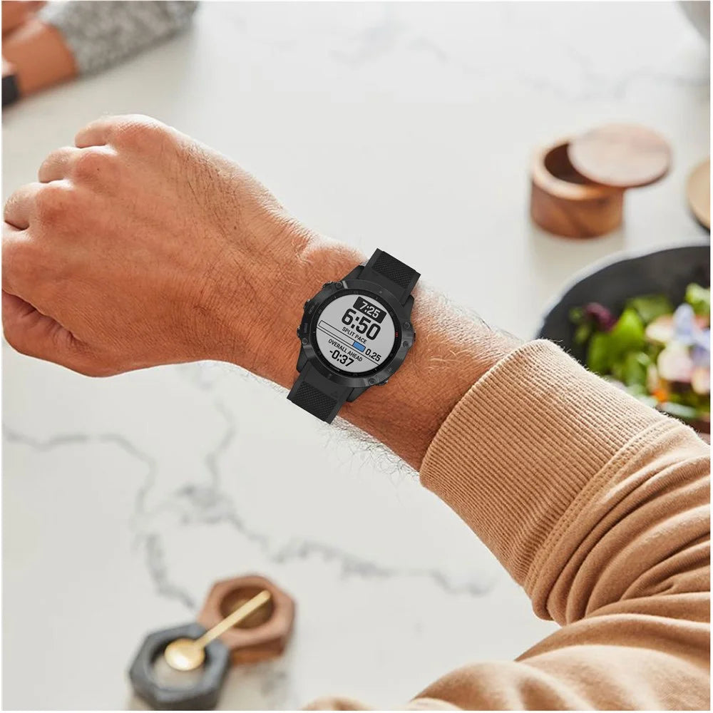 For Garmin Fenix 6 Silicone Sport Watch Band 22mm Adjustable Wrist Strap with Silver Buckle - Black - 6