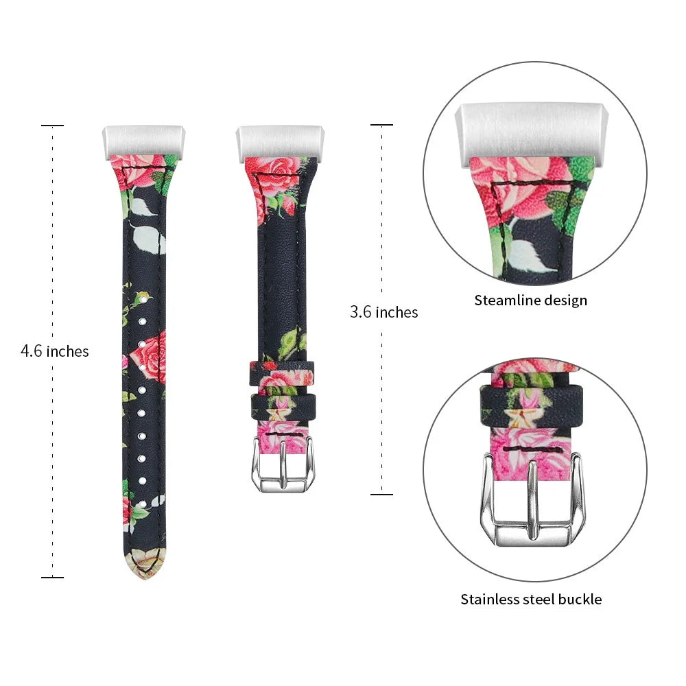 Flower Pattern Genuine Leather Smart Watch Strap Replacement for Fitbit Charge 4 / 3 - Style A - 1