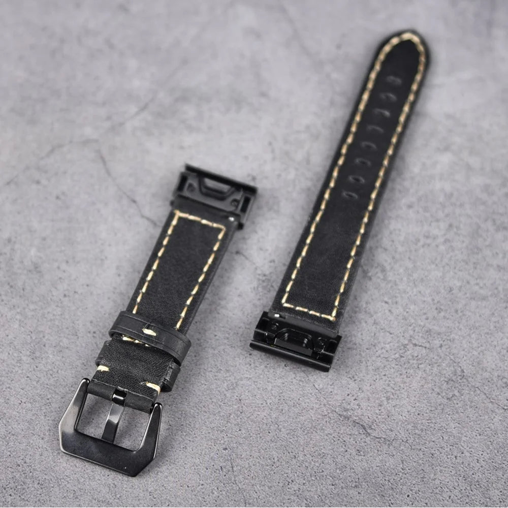 For Garmin Fenix 5 Genuine Cow Leather Watch Band Crazy Horse Texture Replacement Strap - Black - 3