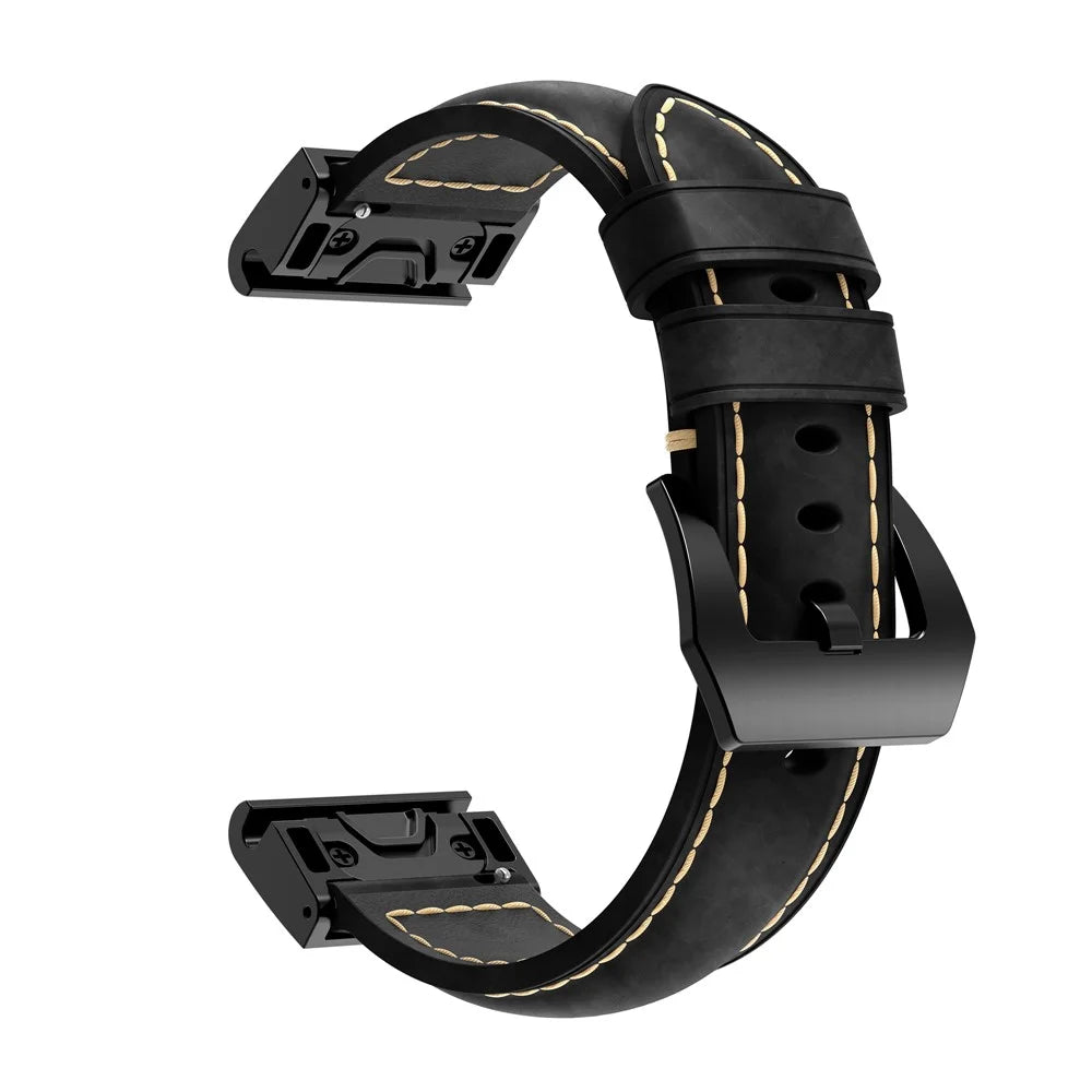 For Garmin Fenix 5S Genuine Leather Watch Strap Crazy Horse Texture Replacement Band - Black - 1