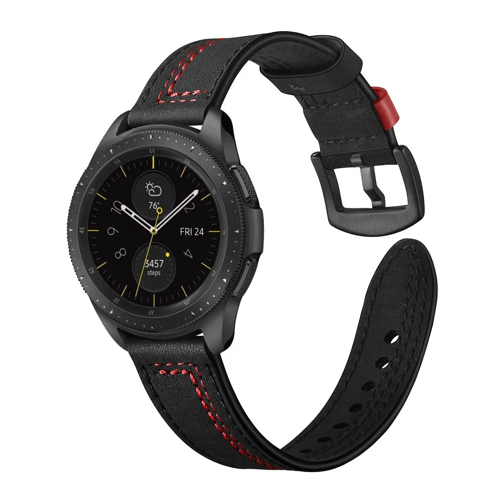 22MM 7-shaped Stitches Genuine Leather Watch Strap for Huawei Watch GT/Samsung Galaxy Watch 46mm - Black - 2