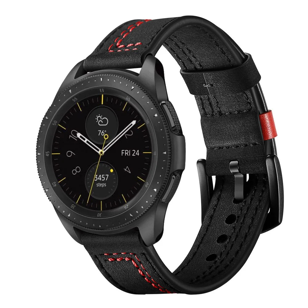 22MM 7-shaped Stitches Genuine Leather Watch Strap for Huawei Watch GT/Samsung Galaxy Watch 46mm - Black - 6