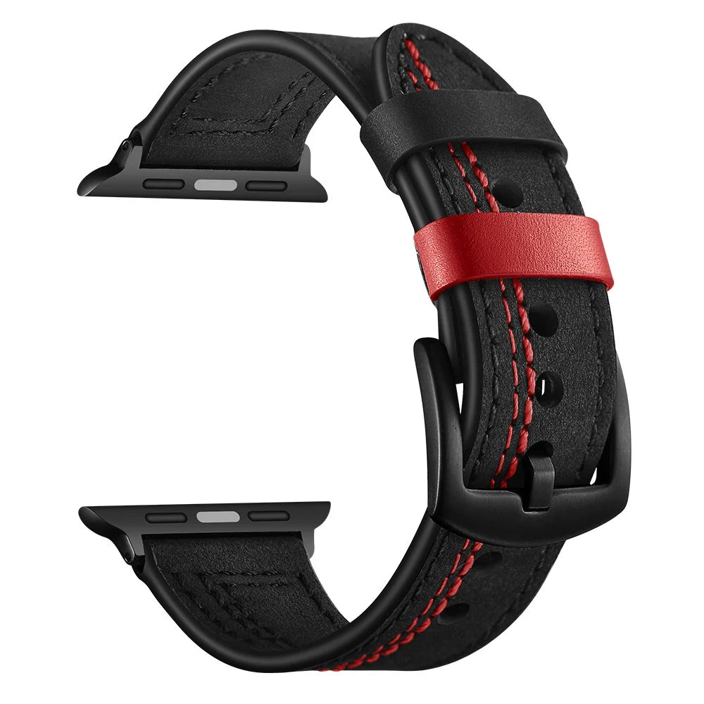 7-shaped Stitches Genuine Leather Watch Strap Band for Apple Watch Ultra 3 2 1 49mm / Series 11 10 46mm / 9 8 7 45mm / SE3 SE2 SE 6 5 4 44mm / 3 2 1 42mm - Black - 1
