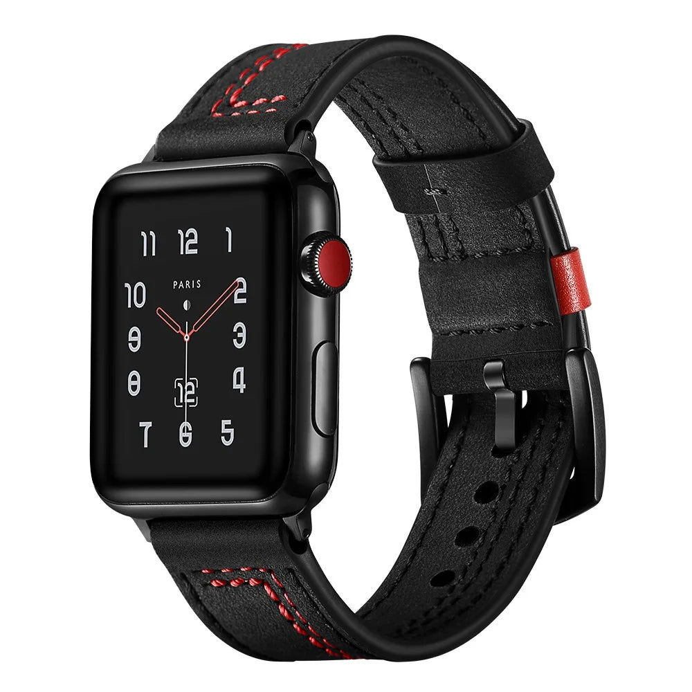 7-shaped Stitches Genuine Leather Watch Strap Band for Apple Watch Ultra 3 2 1 49mm / Series 11 10 46mm / 9 8 7 45mm / SE3 SE2 SE 6 5 4 44mm / 3 2 1 42mm - Black - 2