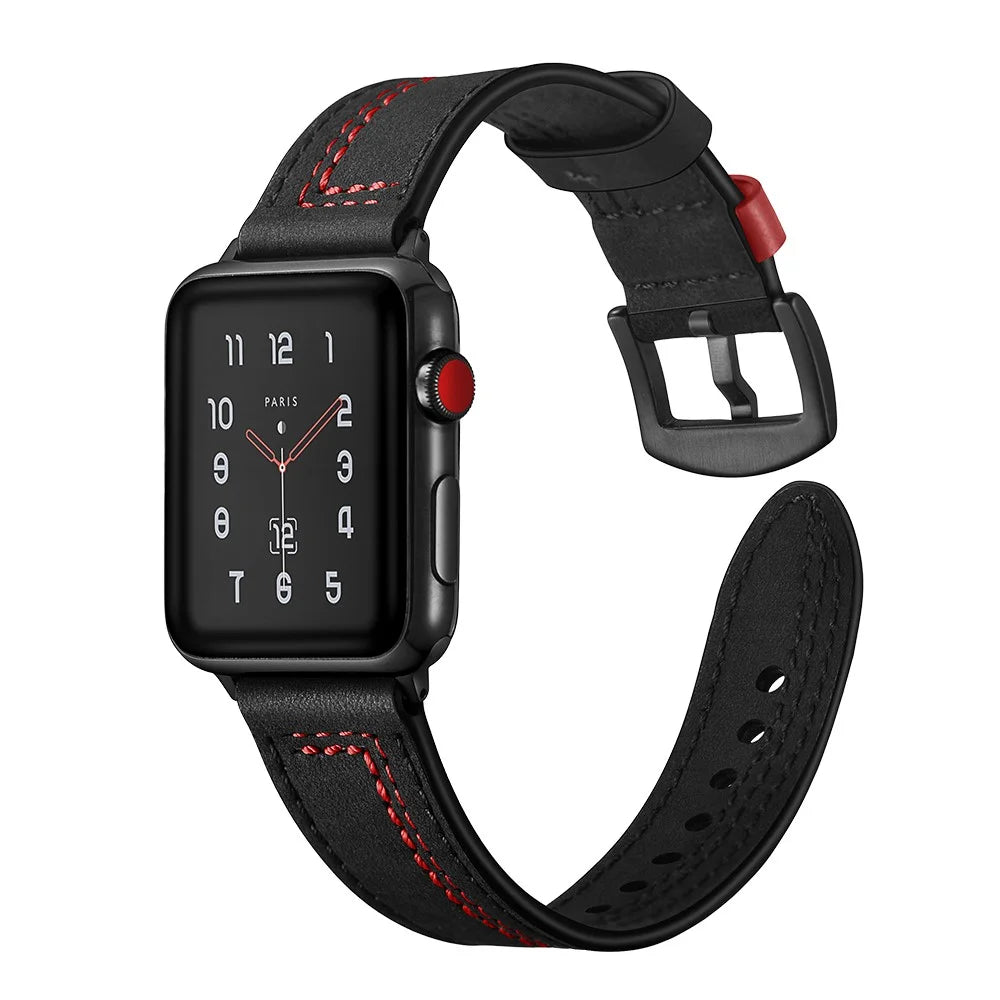 7-shaped Stitches Genuine Leather Watch Strap Band for Apple Watch Ultra 3 2 1 49mm / Series 11 10 46mm / 9 8 7 45mm / SE3 SE2 SE 6 5 4 44mm / 3 2 1 42mm - Black - 3