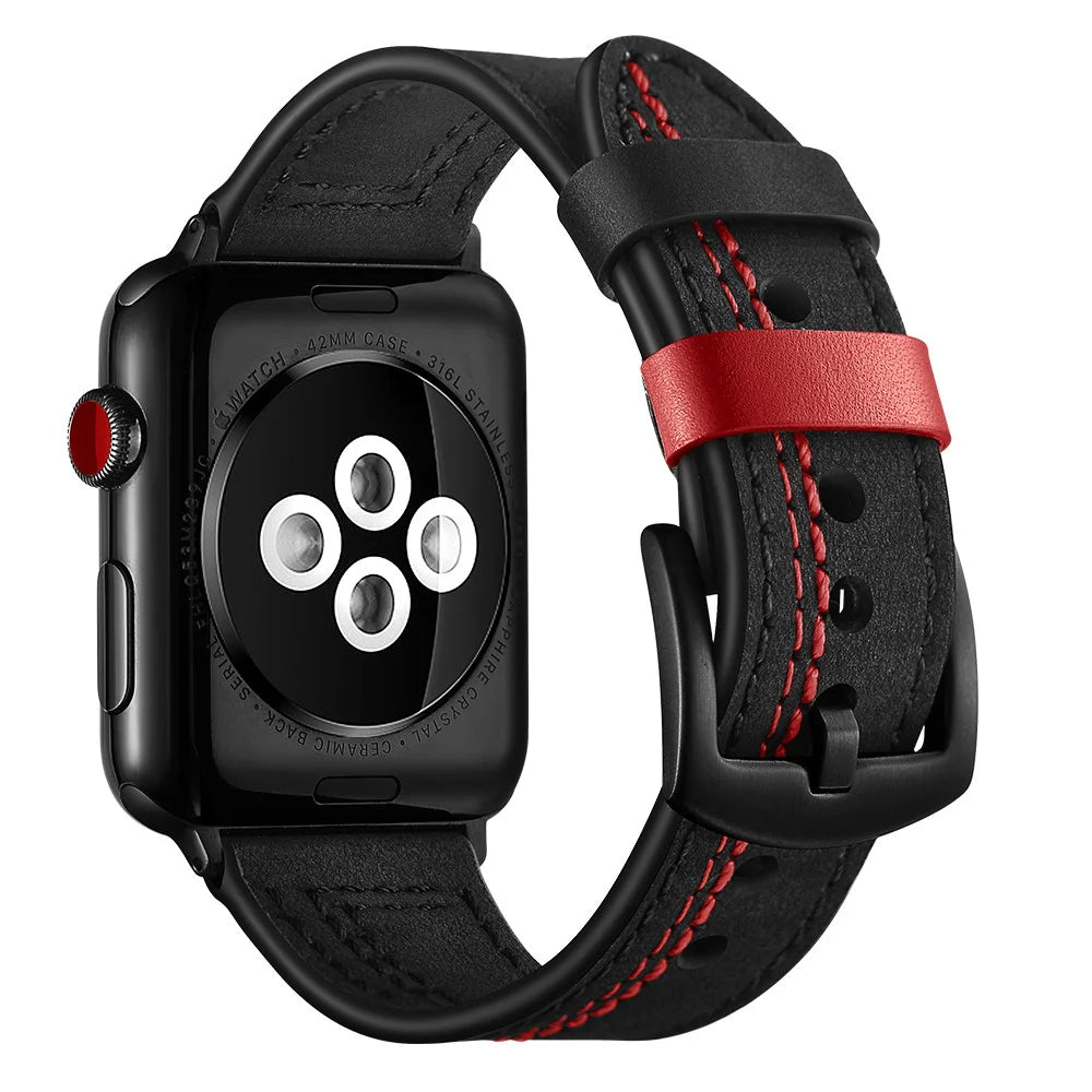 7-shaped Stitches Genuine Leather Watch Strap Band for Apple Watch Ultra 3 2 1 49mm / Series 11 10 46mm / 9 8 7 45mm / SE3 SE2 SE 6 5 4 44mm / 3 2 1 42mm - Black - 4