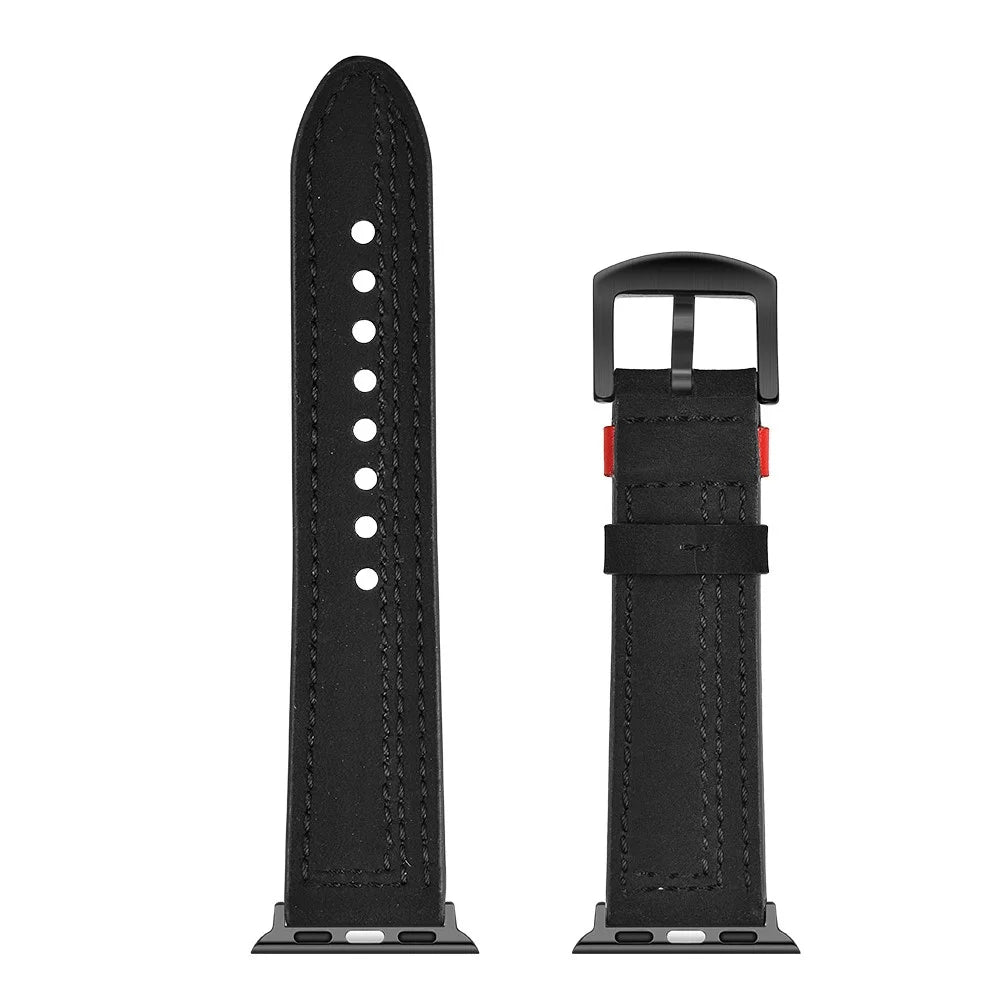 7-shaped Stitches Genuine Leather Watch Strap Band for Apple Watch Ultra 3 2 1 49mm / Series 11 10 46mm / 9 8 7 45mm / SE3 SE2 SE 6 5 4 44mm / 3 2 1 42mm - Black - 5