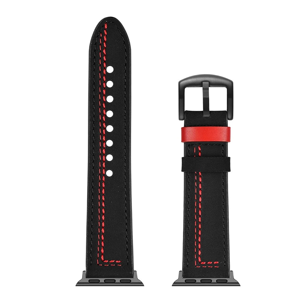 7-shaped Stitches Genuine Leather Watch Strap Band for Apple Watch Ultra 3 2 1 49mm / Series 11 10 46mm / 9 8 7 45mm / SE3 SE2 SE 6 5 4 44mm / 3 2 1 42mm - Black - 6