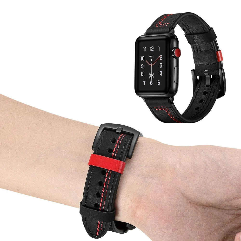 7-shaped Stitches Genuine Leather Watch Strap Band for Apple Watch Ultra 3 2 1 49mm / Series 11 10 46mm / 9 8 7 45mm / SE3 SE2 SE 6 5 4 44mm / 3 2 1 42mm - Black - 7