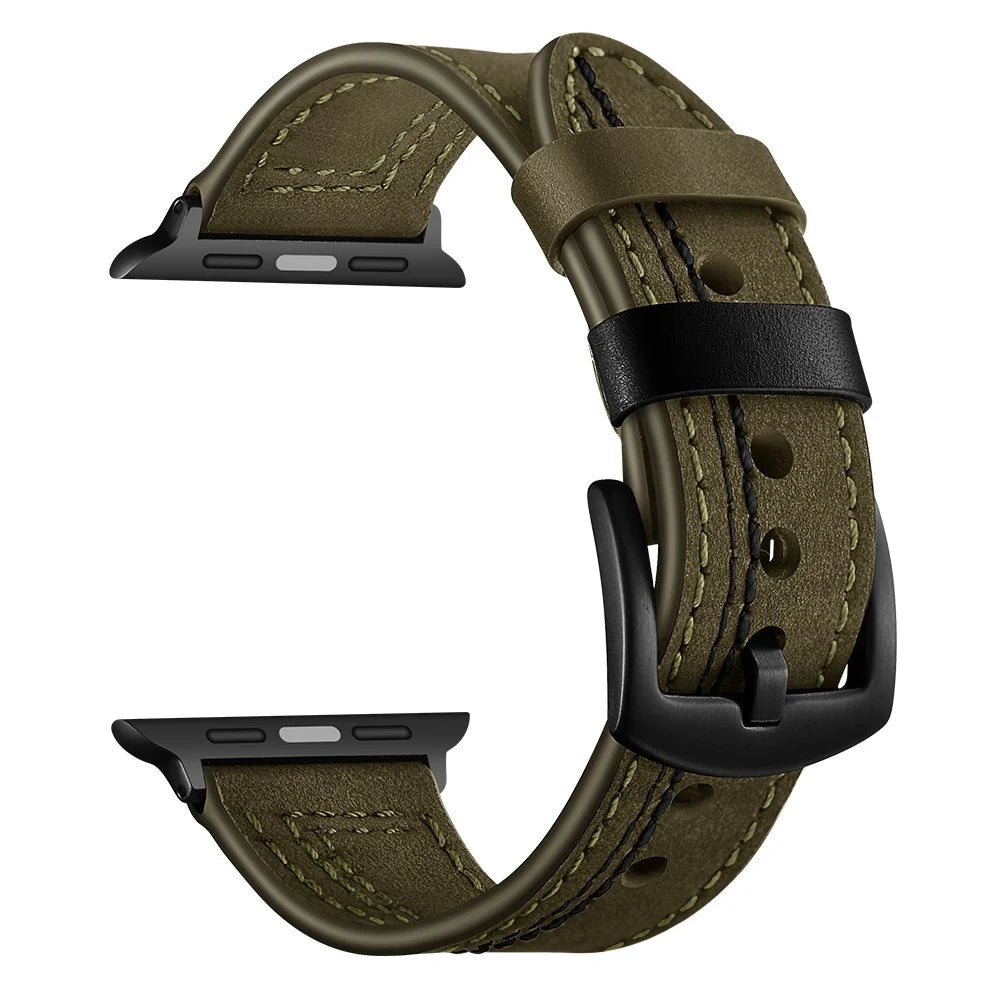 Genuine Leather Watch Band Strap for Apple Watch Series 11 10 42mm / 9 8 7 41mm / SE3 SE2 SE 6 5 4 40mm / 3 2 1 38mm - Army Green - 1