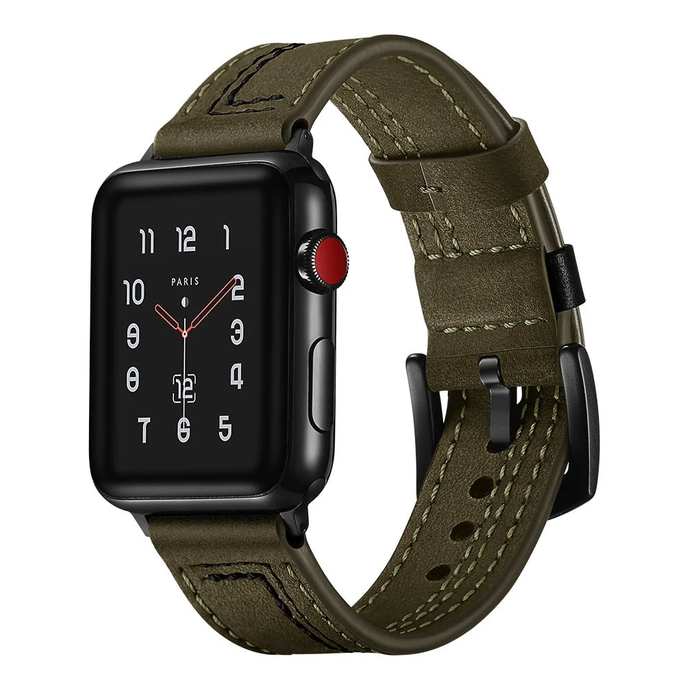 Genuine Leather Watch Band Strap for Apple Watch Series 11 10 42mm / 9 8 7 41mm / SE3 SE2 SE 6 5 4 40mm / 3 2 1 38mm - Army Green - 2