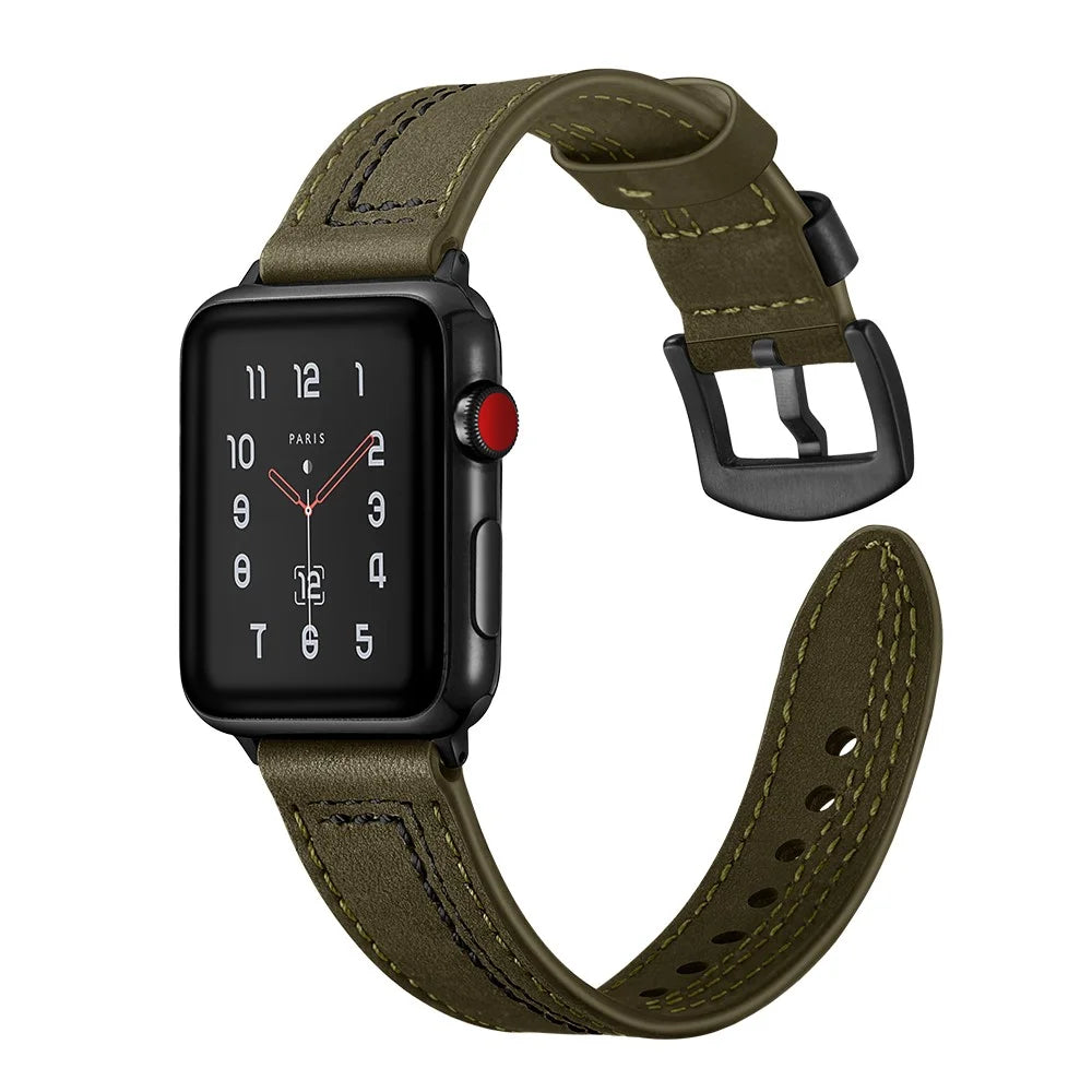 Genuine Leather Watch Band Strap for Apple Watch Series 11 10 42mm / 9 8 7 41mm / SE3 SE2 SE 6 5 4 40mm / 3 2 1 38mm - Army Green - 3