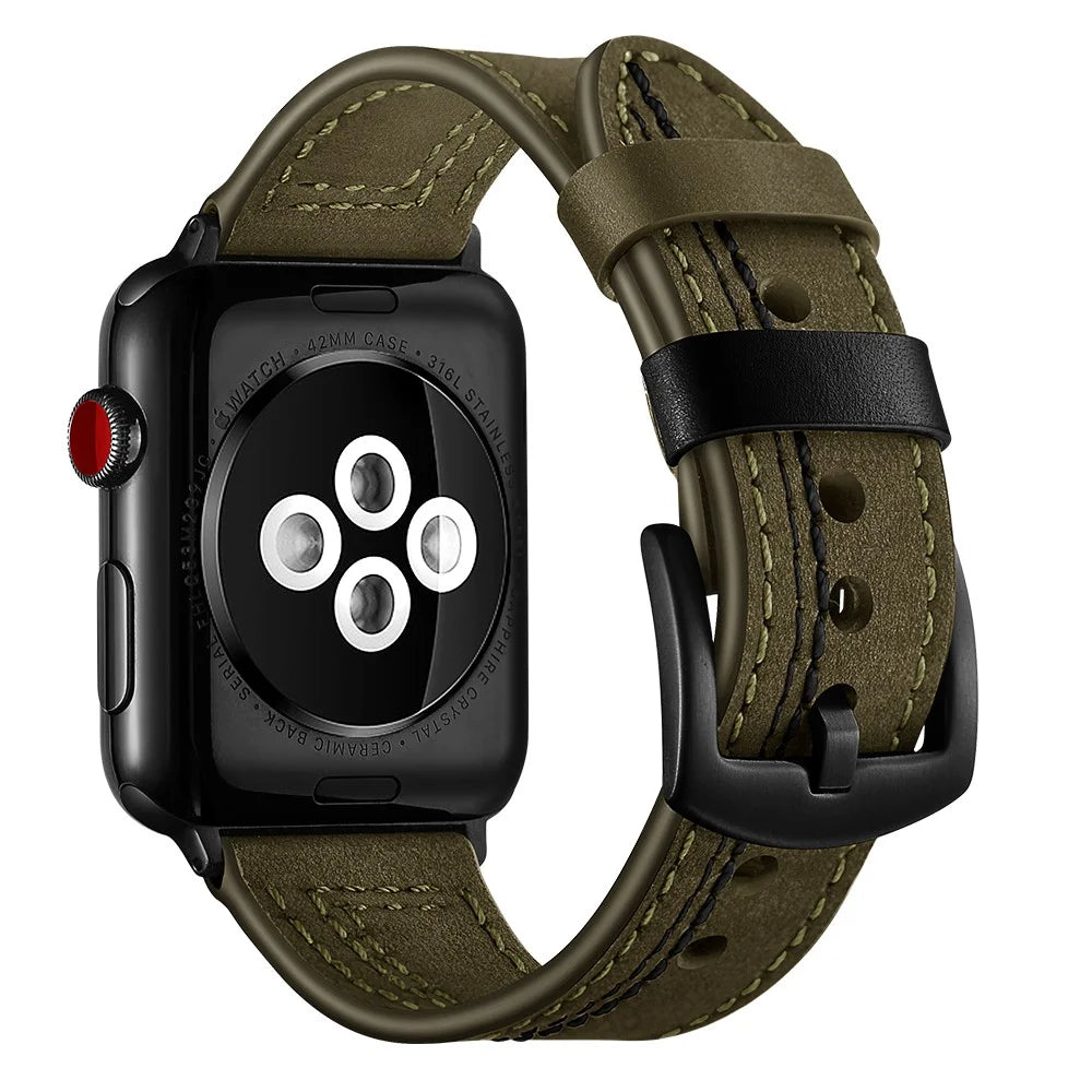 Genuine Leather Watch Band Strap for Apple Watch Series 11 10 42mm / 9 8 7 41mm / SE3 SE2 SE 6 5 4 40mm / 3 2 1 38mm - Army Green - 4