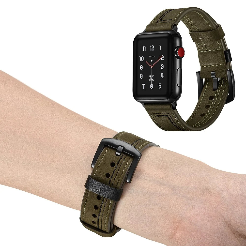 Genuine Leather Watch Band Strap for Apple Watch Series 11 10 42mm / 9 8 7 41mm / SE3 SE2 SE 6 5 4 40mm / 3 2 1 38mm - Army Green - 7