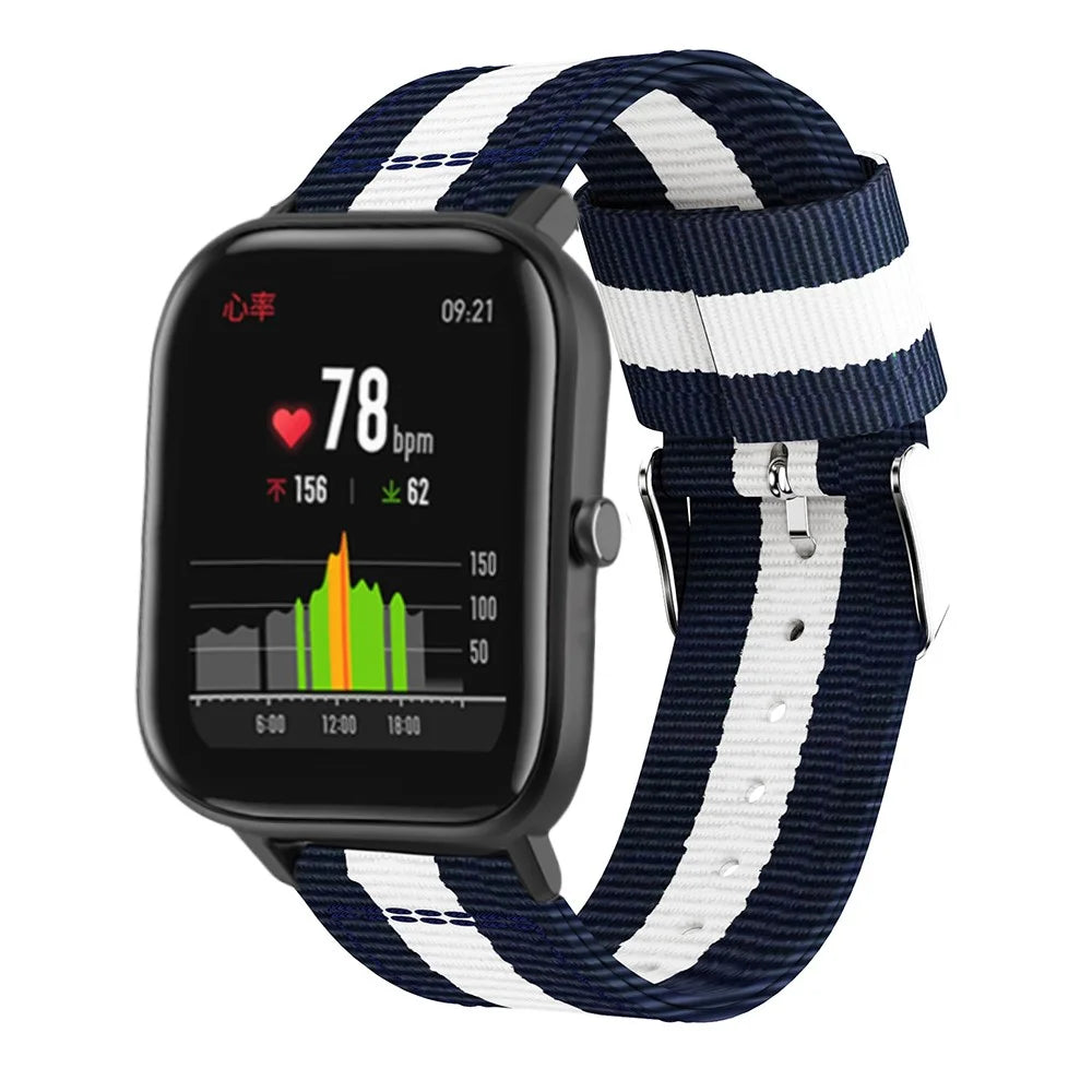 20MM Vertical Nylon Canvas Watch Band for Samsung Galaxy Watch4 Classic 46mm 42mm/Watch4 44mm 40mm/Amazfit GTS - Blue/White - 2