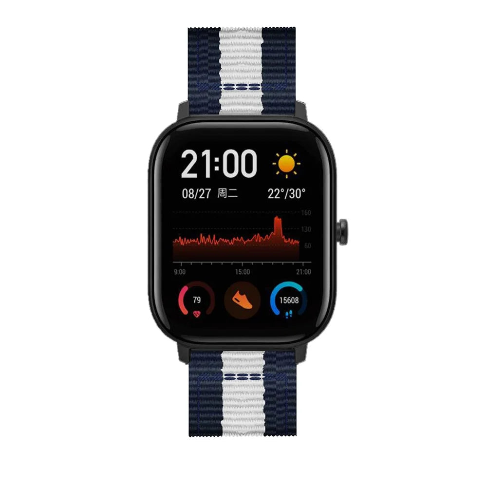 20MM Vertical Nylon Canvas Watch Band for Samsung Galaxy Watch4 Classic 46mm 42mm/Watch4 44mm 40mm/Amazfit GTS - Blue/White - 4