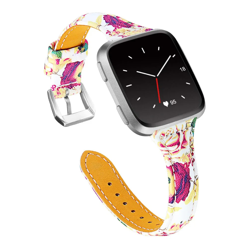 Flower Pattern Genuine Leather Wrist Band Replacement for Fitbit Versa Lite - Style D - 2