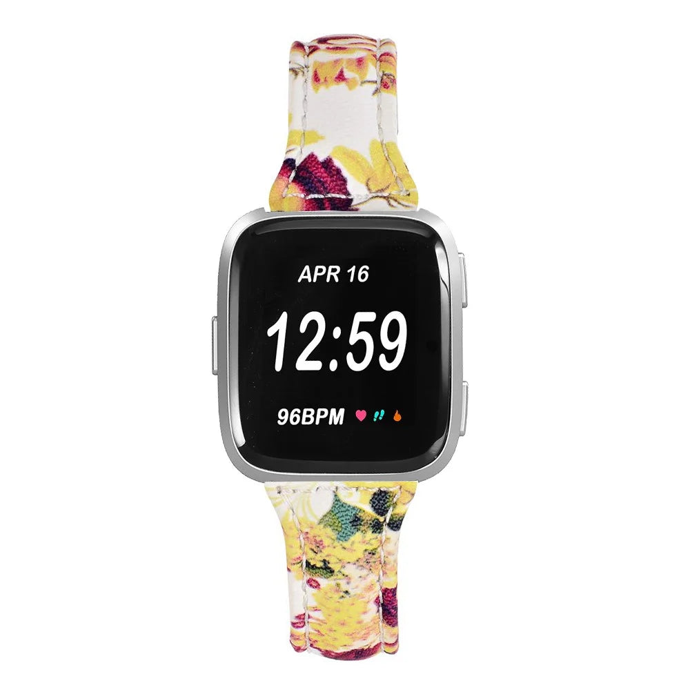 Flower Pattern Genuine Leather Wrist Band Replacement for Fitbit Versa Lite - Style D - 3