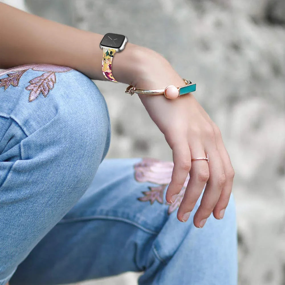 Flower Pattern Genuine Leather Wrist Band Replacement for Fitbit Versa Lite - Style D - 5