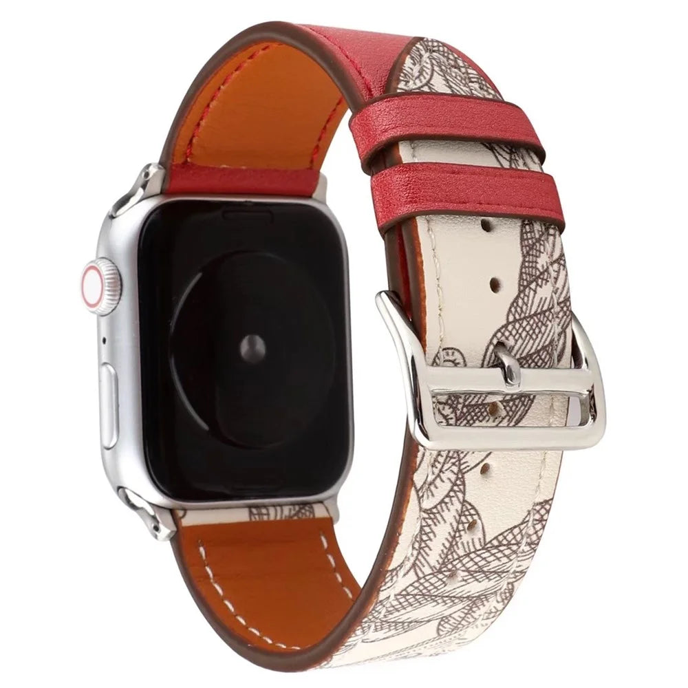 Pattern Decor Genuine Leather Smart Watch Band for Apple Watch Series 11 10 42mm / 9 8 7 41mm / SE3 SE2 SE 6 5 4 40mm / 3 2 1 38mm - Red - 1