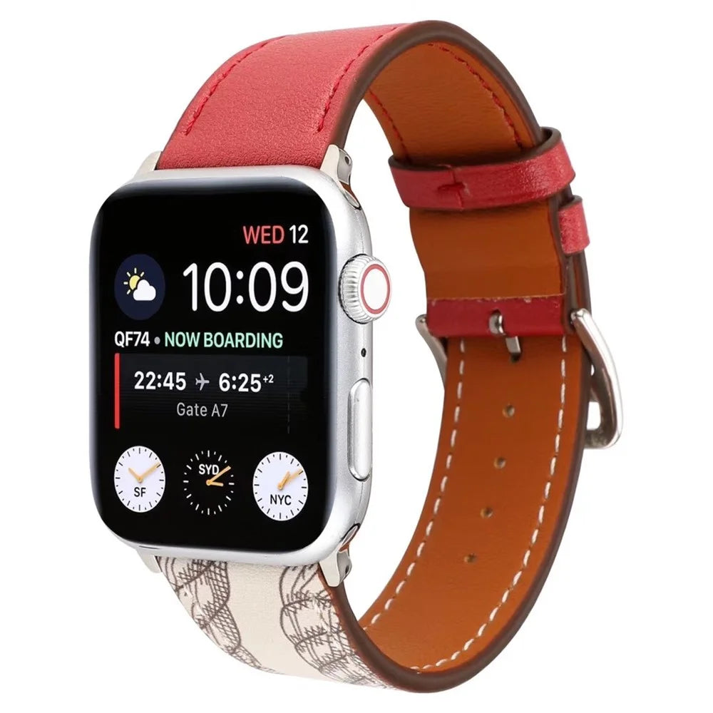 Pattern Decor Genuine Leather Smart Watch Band for Apple Watch Series 11 10 42mm / 9 8 7 41mm / SE3 SE2 SE 6 5 4 40mm / 3 2 1 38mm - Red - 2