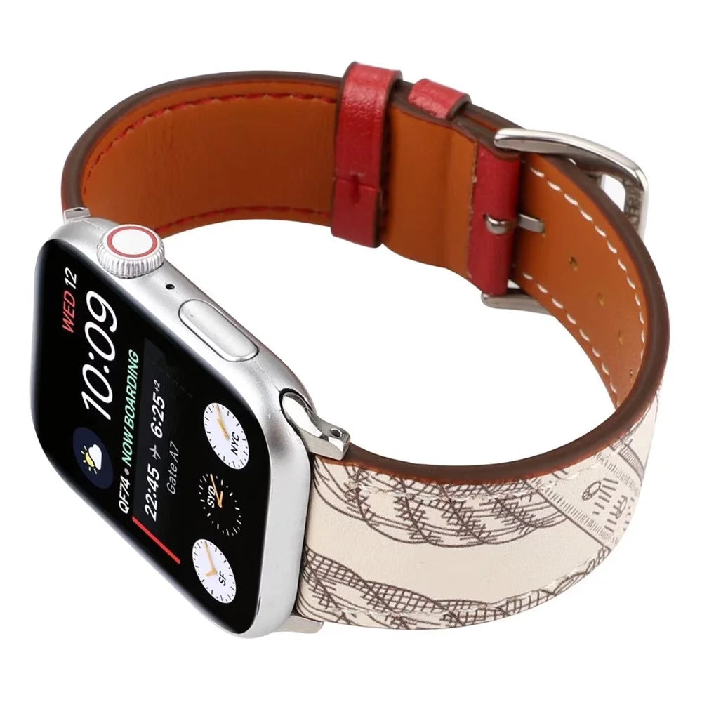 Pattern Decor Genuine Leather Smart Watch Band for Apple Watch Series 11 10 42mm / 9 8 7 41mm / SE3 SE2 SE 6 5 4 40mm / 3 2 1 38mm - Red - 3