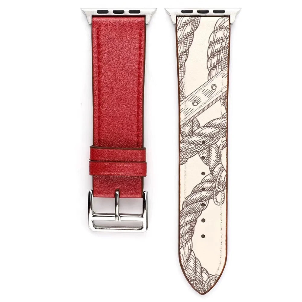 Pattern Decor Genuine Leather Smart Watch Band for Apple Watch Series 11 10 42mm / 9 8 7 41mm / SE3 SE2 SE 6 5 4 40mm / 3 2 1 38mm - Red - 4