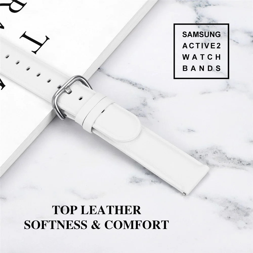 20mm Top Genuine Leather Smart Watch Strap Replacement for Samsung Galaxy Watch4 Classic 46mm 42mm/Watch4 44mm 40mm/Watch Active2 44mm - White - 4