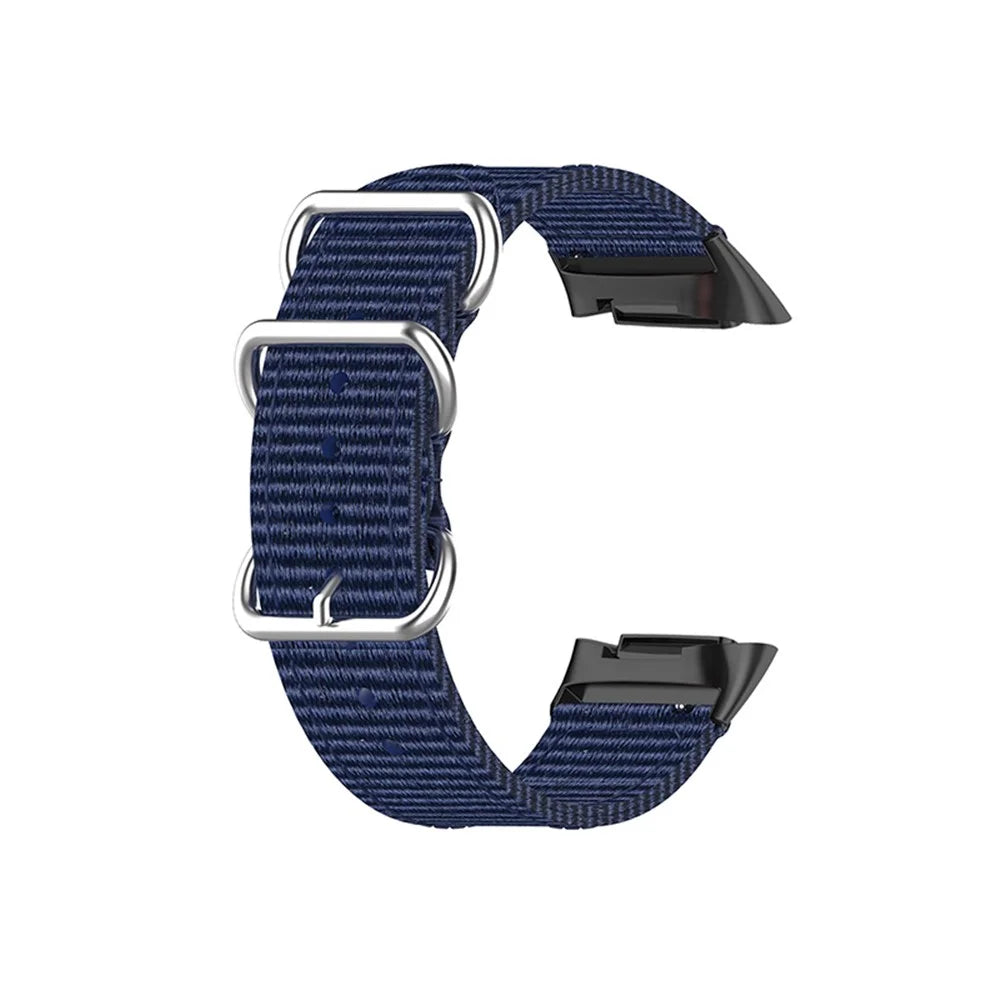 Braided Nylon Watch Strap Black Metal Buckle Adjustable Wristband Replacement for Fitbit Charge 6 / 5 - Dark Blue - 1