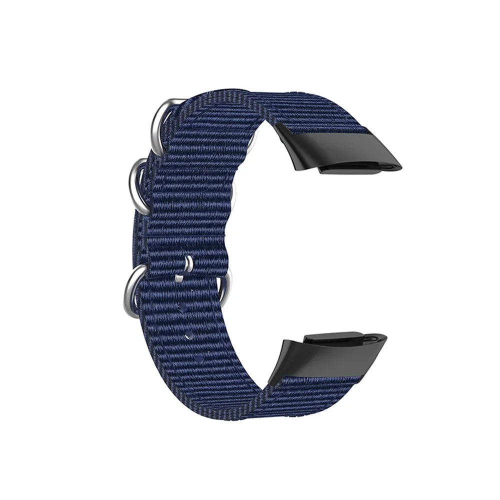 Braided Nylon Watch Strap Black Metal Buckle Adjustable Wristband Replacement for Fitbit Charge 6 / 5 - Dark Blue - 2