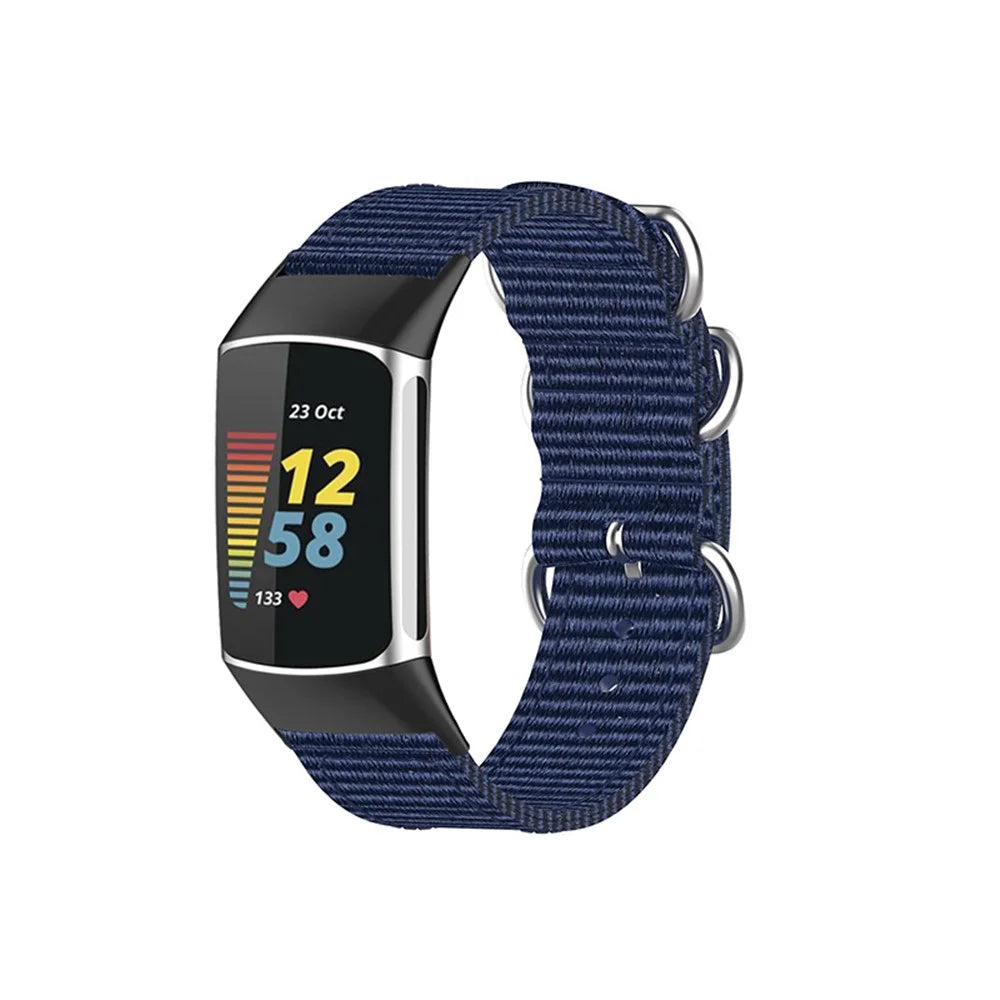 Braided Nylon Watch Strap Black Metal Buckle Adjustable Wristband Replacement for Fitbit Charge 6 / 5 - Dark Blue - 3