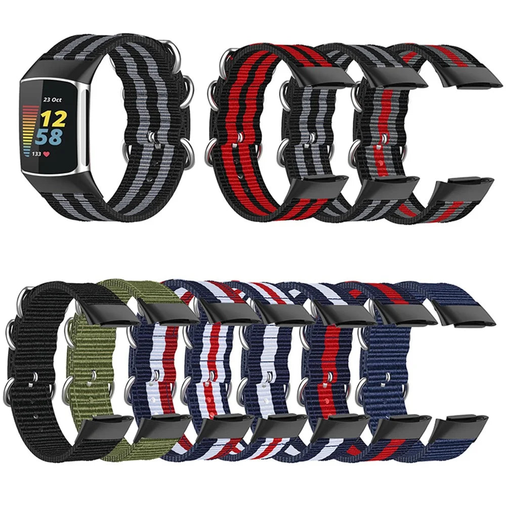 Braided Nylon Watch Strap Black Metal Buckle Adjustable Wristband Replacement for Fitbit Charge 6 / 5 - Dark Blue - 6