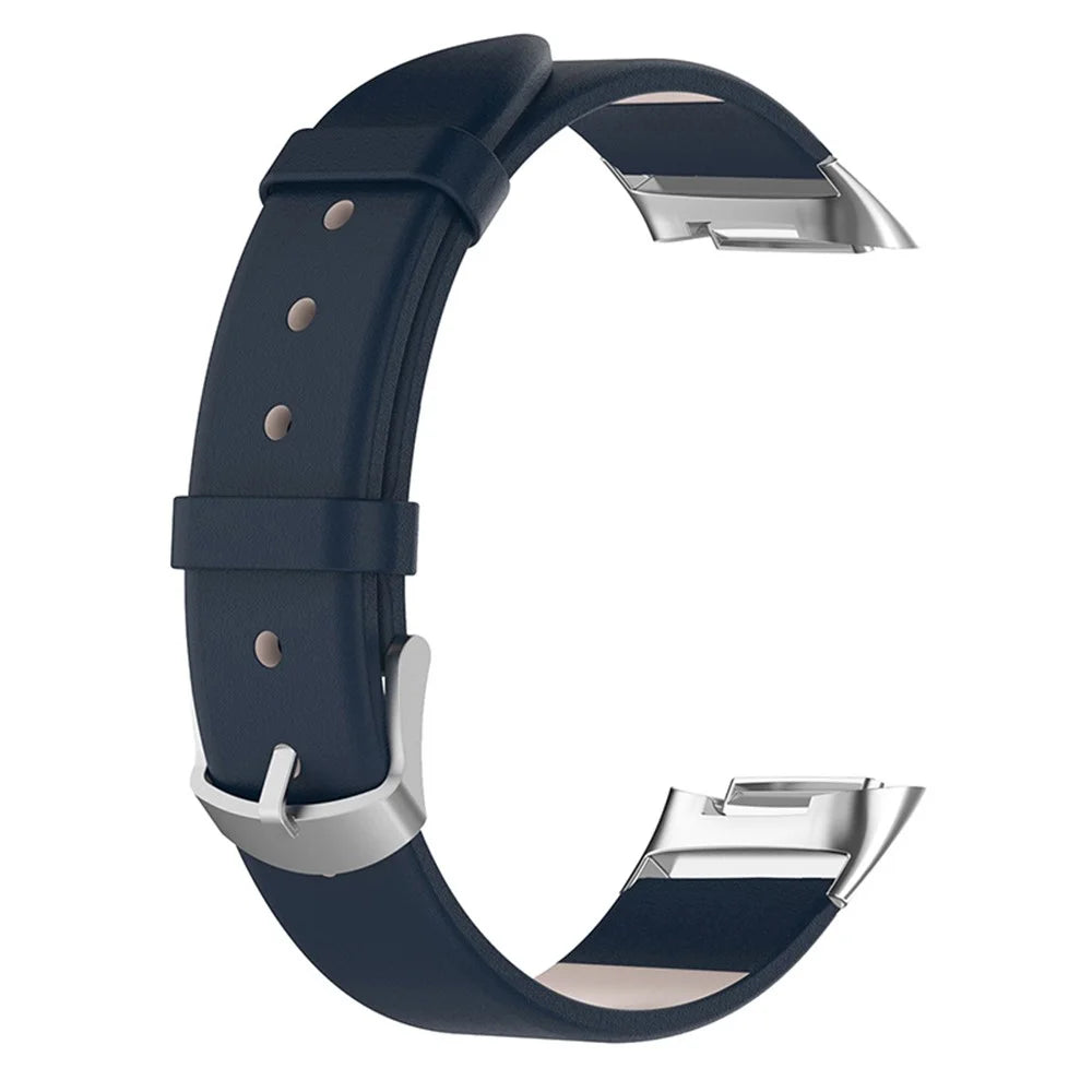 Metal Buckle Genuine Leather Smart Watch Strap Adjustable Wrist Band for Fitbit Charge 6 / 5 - Dark Blue - 1