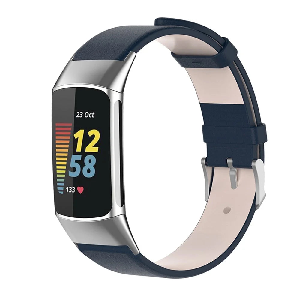 Metal Buckle Genuine Leather Smart Watch Strap Adjustable Wrist Band for Fitbit Charge 6 / 5 - Dark Blue - 4
