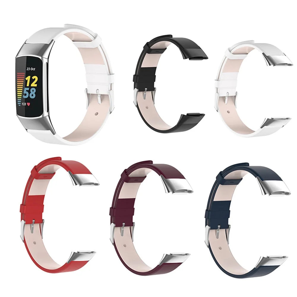 Metal Buckle Genuine Leather Smart Watch Strap Adjustable Wrist Band for Fitbit Charge 6 / 5 - Dark Blue - 6