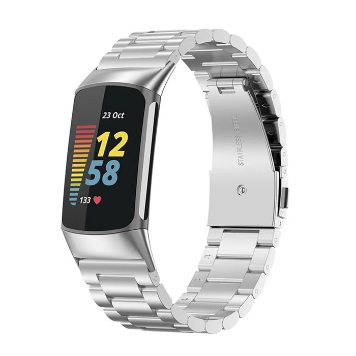 3 Beads Stainless Steel Smart Watch Strap Metal Wristband Replacement for Fitbit Charge 6 / 5 - Silver - 3