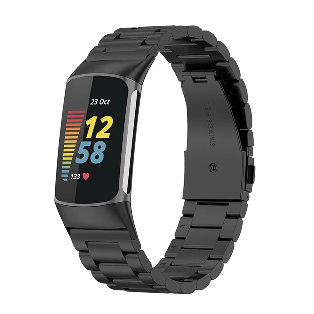 Stylish 3-Bead Stainless Steel Wrist Strap Replacement Smart Watch Band for Fitbit Charge 6 / 5 - Black - 3