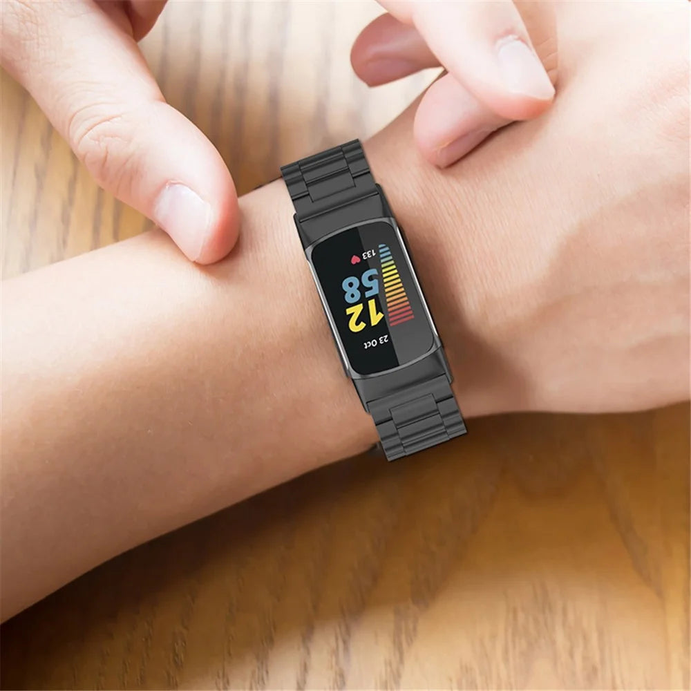 Stylish 3-Bead Stainless Steel Wrist Strap Replacement Smart Watch Band for Fitbit Charge 6 / 5 - Black - 6