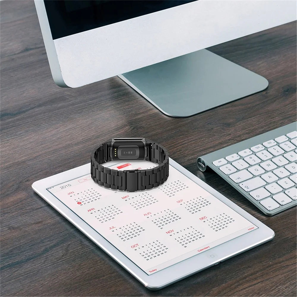 Stylish 3-Bead Stainless Steel Wrist Strap Replacement Smart Watch Band for Fitbit Charge 6 / 5 - Black - 7