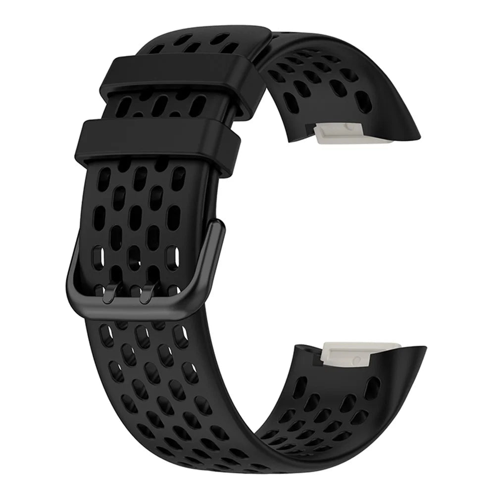 Soft Silicone Sport Replacement Watch Strap with Breathable Holes for Fitbit Charge 6 / 5 - Black - 1