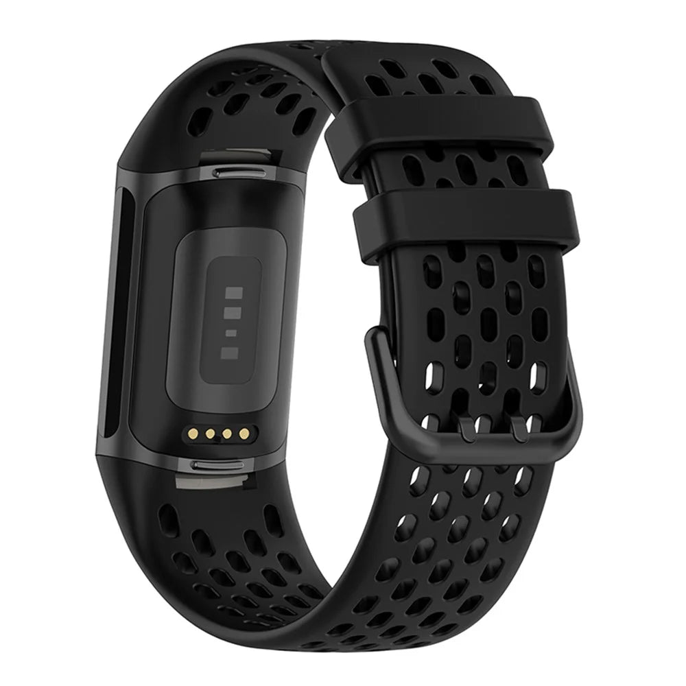 Soft Silicone Sport Replacement Watch Strap with Breathable Holes for Fitbit Charge 6 / 5 - Black - 2