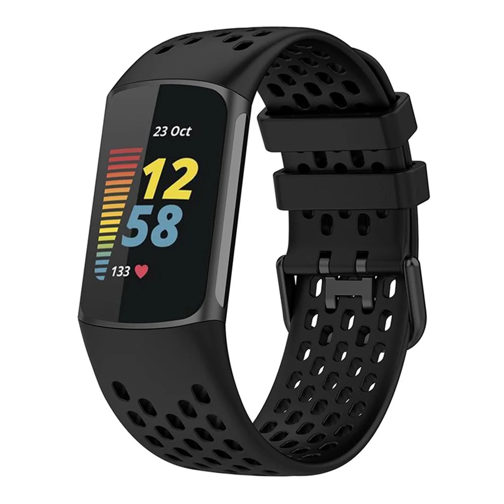 Soft Silicone Sport Replacement Watch Strap with Breathable Holes for Fitbit Charge 6 / 5 - Black - 3