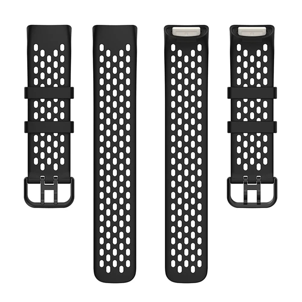 Soft Silicone Sport Replacement Watch Strap with Breathable Holes for Fitbit Charge 6 / 5 - Black - 5