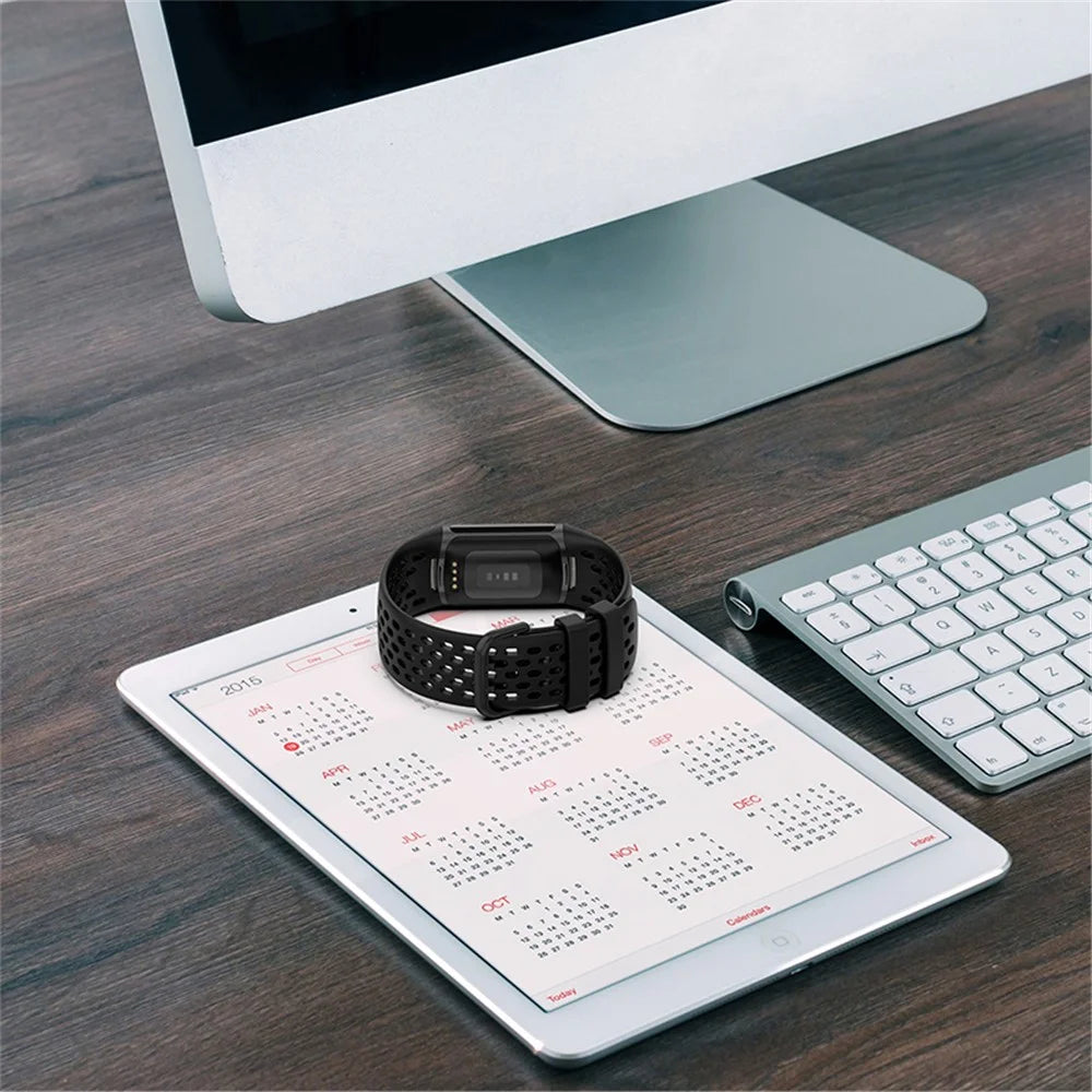 Soft Silicone Sport Replacement Watch Strap with Breathable Holes for Fitbit Charge 6 / 5 - Black - 6